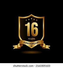 16 years anniversary logo with golden shield and ribbon for booklet, leaflet, magazine, brochure poster, banner, web, invitation or greeting card. Vector illustrations.