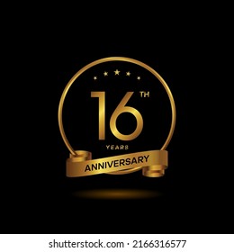 16 years anniversary logo with golden ring and ribbon for booklet, leaflet, magazine, brochure poster, banner, web, invitation or greeting card. Vector illustrations.