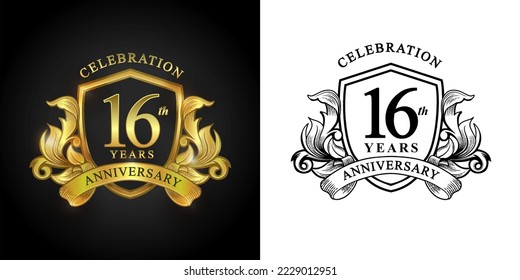 16 years anniversary logo with golden shield and ribbon for booklet, leaflet, magazine, brochure poster, banner, web, invitation or greeting card. Vector illustrations.