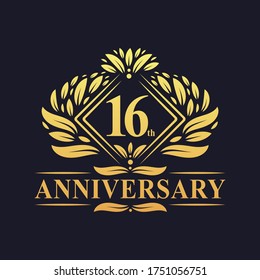 16 years Anniversary Logo, Luxury floral golden 16th anniversary logo.