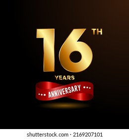 16 years anniversary logo with red ribbon for booklet, leaflet, magazine, brochure poster, banner, web, invitation or greeting card. Vector illustrations.