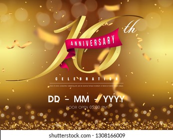 16 years anniversary logo template on gold background. 16th celebrating golden numbers with red ribbon vector and confetti isolated design elements