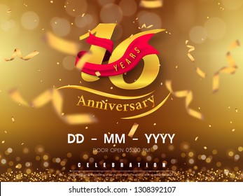 16 years anniversary logo template on gold background. 16th celebrating golden numbers with red ribbon vector and confetti isolated design elements