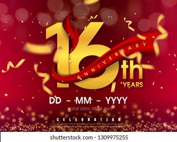 16 years anniversary logo template on gold background. 16th celebrating golden numbers with red ribbon vector and confetti isolated design elements