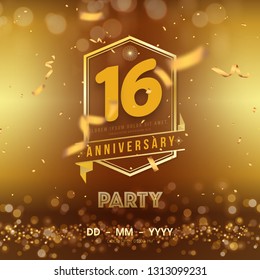 16 years anniversary logo template on gold background. 16th celebrating golden numbers with red ribbon vector and confetti isolated design elements