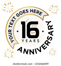 16 years anniversary logo template. Happy Anniversary lettering text banner, gold, black color with space for slogan company. Vector illustration. - Vector