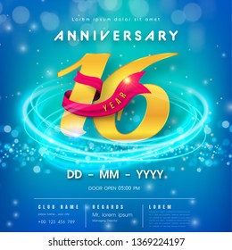 16 years anniversary logo template on blue Abstract futuristic space background. 16th modern technology design celebrating numbers with Hi-tech network digital technology concept design elements.