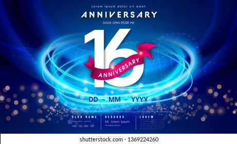 16 years anniversary logo template on dark blue Abstract futuristic space background. 16th modern technology design celebrating numbers with Hi-tech network digital technology concept design elements.