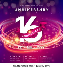 16 years anniversary logo template on purple Abstract futuristic space background. 16th modern technology design celebrating numbers with Hi-tech network digital technology concept design elements.