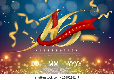 16 years anniversary logo template on gold and blue background. 16th celebrating golden numbers with red ribbon vector and confetti isolated design elements