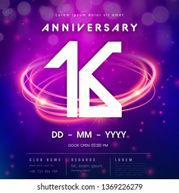 16 years anniversary logo template on purple Abstract futuristic space background. 16th modern technology design celebrating numbers with Hi-tech network digital technology concept design elements.