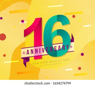 16 years anniversary logo template on yellow Abstract modern background. 16th modern background design celebrating numbers with colorful background concept design elements.