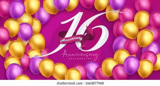 16 years anniversary logo template design on pink background and balloons. 16th anniversary celebration background with pink ribbon and balloons. Party poster or brochure template. Vector illustration