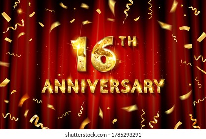 16 years anniversary logo template. On the background of a red curtain. 16th celebrating golden numbers with gold ribbon vector and confetti isolated design elements. Vector illustration