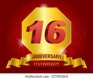  16 years anniversary logo template. Red numbers with golden ribbon.