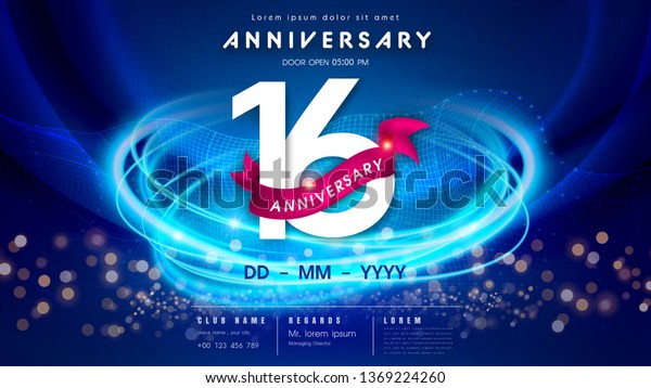 16 years anniversary logo template on dark blue\
Abstract futuristic space background. 16th modern technology design\
celebrating numbers with Hi-tech network digital technology concept\
design elements.