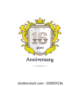 16 Years Anniversary Logo Using Heraldic Theme, Colorful and Isolated on white background