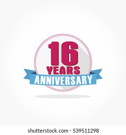 16 years anniversary logo vector on flat design white circle with pink number and pink frame with blue ribbon and shadow effect