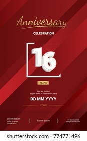 16 Years Anniversary Logotype with 3d white number isolated on red abstract background