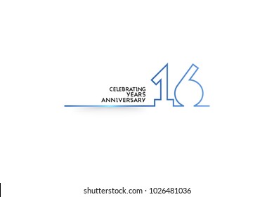 16 Years Anniversary logotype with blue colored font numbers made of one connected line, isolated on white background for company celebration event, birthday