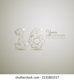 16 years anniversary logotype with gold wireframe low poly style. Vector Template Design Illustration.