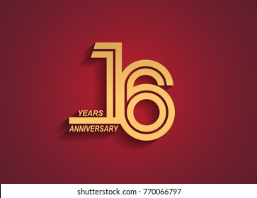 16 years anniversary logotype with linked number golden color isolated on red background for celebration event