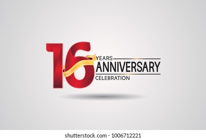 16 years anniversary logotype with red color and golden ribbon isolated on white background for celebration event