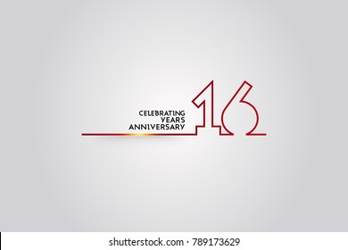 16 Years anniversary logotype with red colored  font numbers made of one  connected line, isolated on white background for company celebration event, birthday