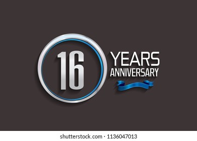 16 years anniversary logotype style design with luxury silver color and blue ribbon for company event celebration