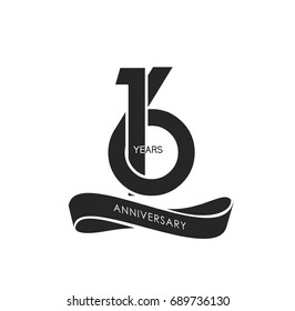 16 years anniversary pictogram vector icon, 16 years birthday logo label, black and white stamp isolated