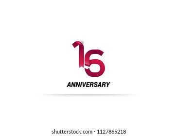 16 Years Anniversary Red ribbon form number font. isolated on white background. 