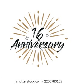 16 years anniversary retro vector emblem isolated template. Vintage logo 16th years with ribbon and fireworks on white background
