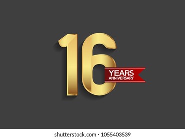 16 years anniversary simple design with golden color and red ribbon isolated on black background for celebration event