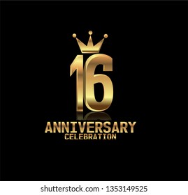 16 years anniversary simple design with golden font and crown with reflection golden number. Elegant, simple, and luxury design. Design with shadow or reflection under number. 