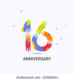 16 Years Anniversary, Splash Colored Logo Celebration Isolated on White Background