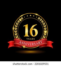 16 Years Anniversary template design, with shiny ring and red ribbon, laurel wreath isolated on black background, logo vector