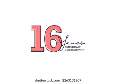 16 years anniversary. Anniversary template design concept with peach color and black line, design for event, invitation card, greeting card, banner, poster, flyer, book cover and print. Vector Eps10