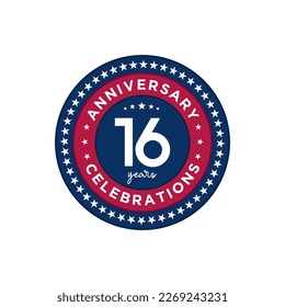 16 years anniversary. Anniversary template design, red and blue color with stars, design for event, invitation card, greeting card, banner, poster, flyer, book cover and print. Vector Eps10