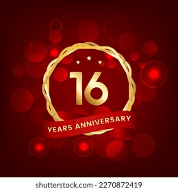 16 years anniversary. Anniversary template design with gold number and red ribbon, design for event, invitation card, greeting card, banner, poster, flyer, book cover and print. Vector Eps10