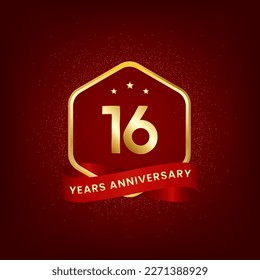 16 years anniversary. Anniversary template design with gold number and red ribbon, design for event, invitation card, greeting card, banner, poster, flyer, book cover and print. Vector Eps10