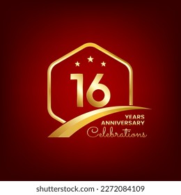 16 years anniversary. Anniversary template design inside of gold hexagon and curve with red background, design for event, invitation card, greeting card, banner, poster, flyer, book cover and print.