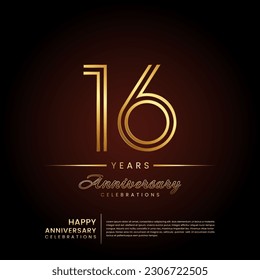 16 years anniversary, anniversary template design with double line number and golden text for birthday celebration event, invitation, banner poster, flyer, and greeting card, vector template