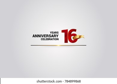 16 Years anniversary using red elegant number isolated on white background, with golden ribbon ca be use as celebration event logo