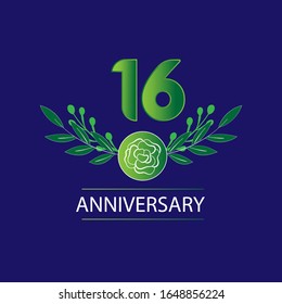 16 Years anniversary. Vector design greeting card with decorative floral for celebration