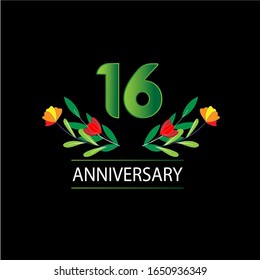 16 Years anniversary. Vector design greeting card with decorative floral for celebration