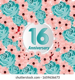 16 Years anniversary. Vector design greeting card with decorative floral for celebration