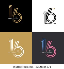 16 years anniversary vector number icon, birthday logo label, black, white and colors stripe number