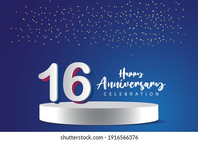 16 Years Anniversary Vector Template Design Illustration. Blue 3d Numbers with podium stage for celebration