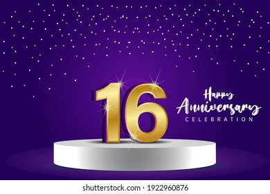 Ilustración de diseño de plantillas vectoriales de 16 años de aniversario. Números 3d azules con escenario de podio para celebración