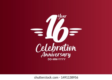16 years anniversary white colors on red color with triple small stripes on left and right for anniversary, wedding, logo - vector 